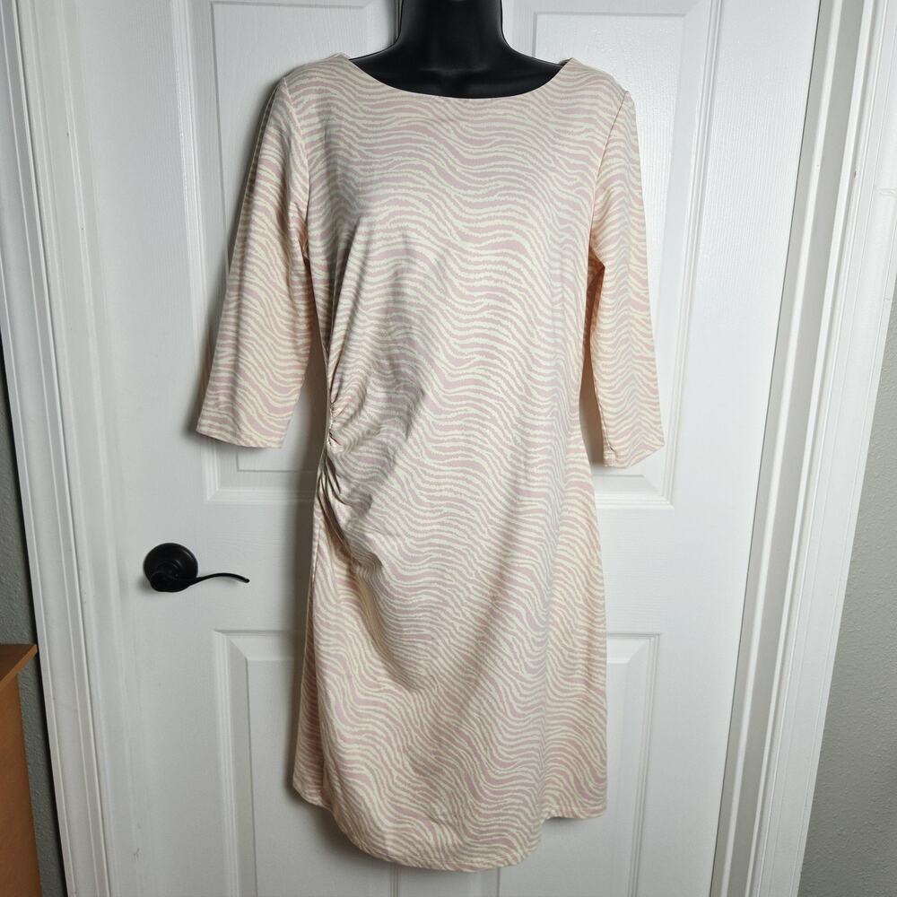 J. McLaughlin Dress Womens Medium Pink Animal Print Ruched Sheath 3/4 Sleeve